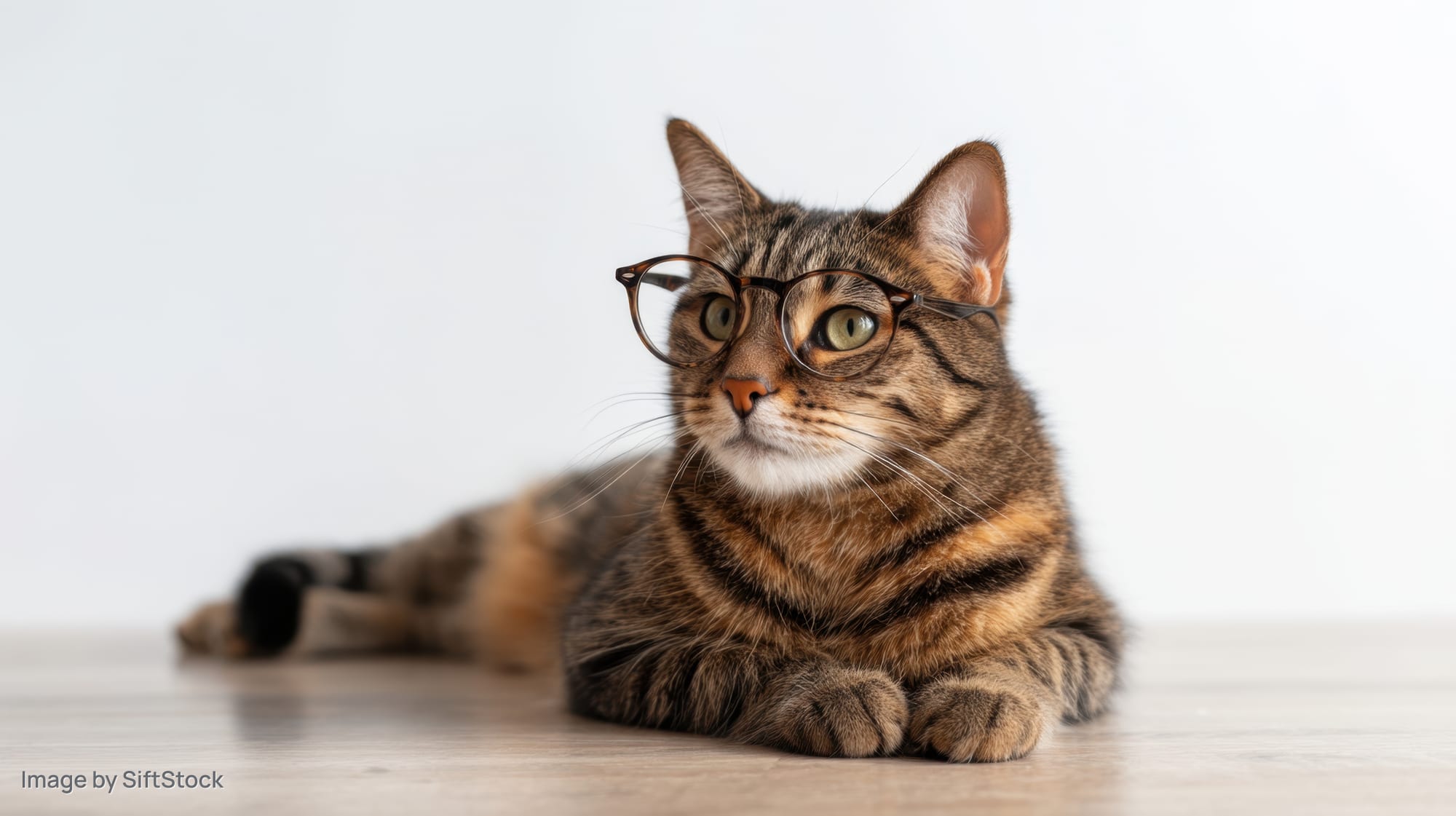Tabby cat wearing round glasses lying on wooden floor in studio setting
