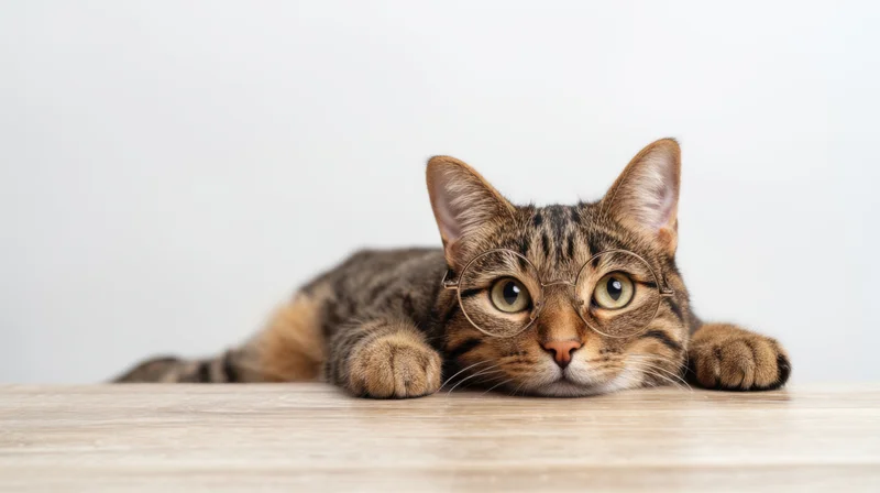 Tabby cat wearing round glasses lying on wooden table with white background