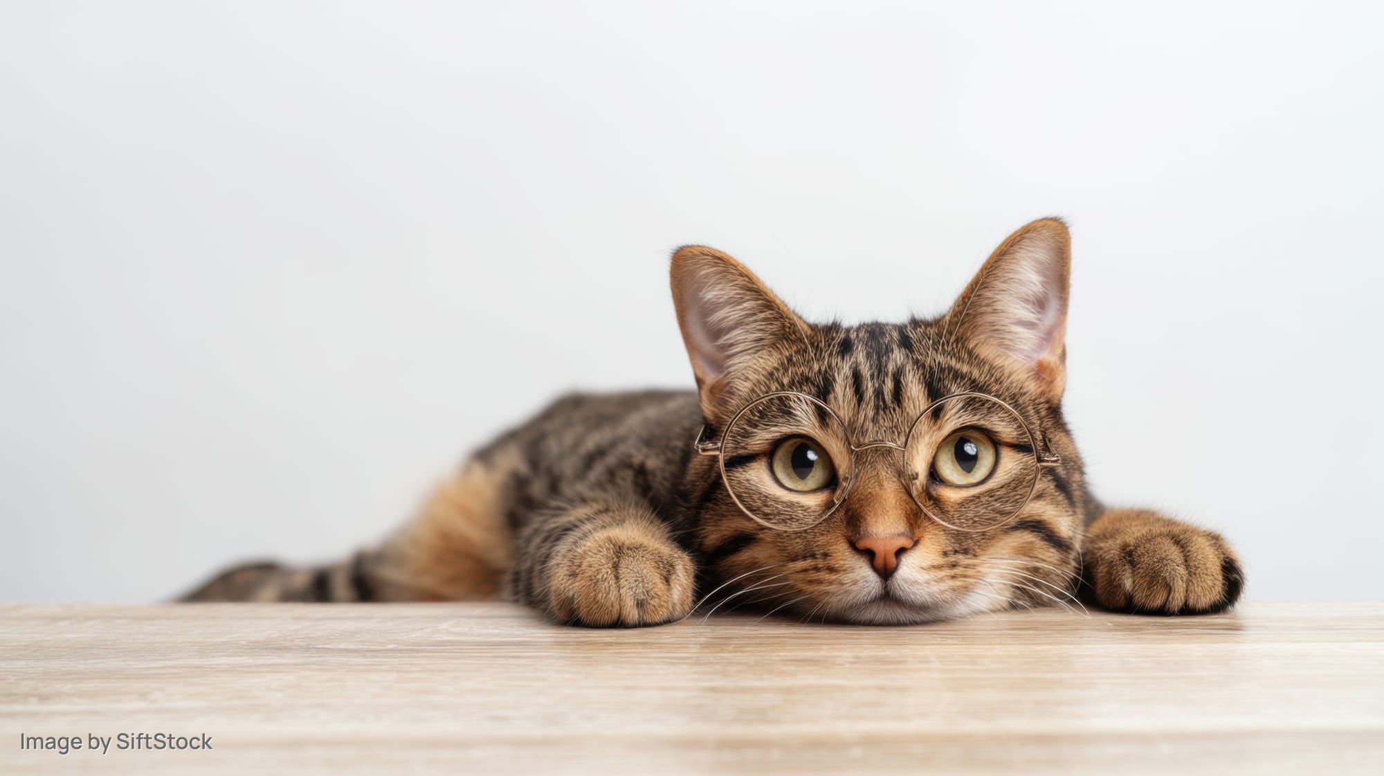 Tabby cat wearing round glasses lying on wooden table with white background