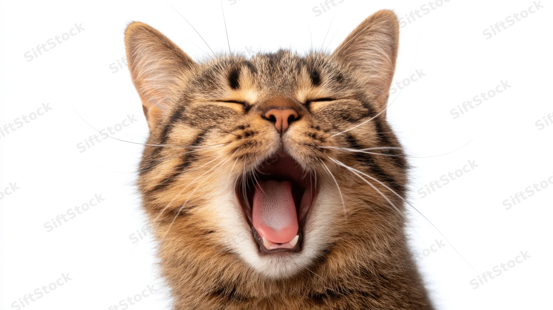 Tabby cat yawning with mouth wide open against white background