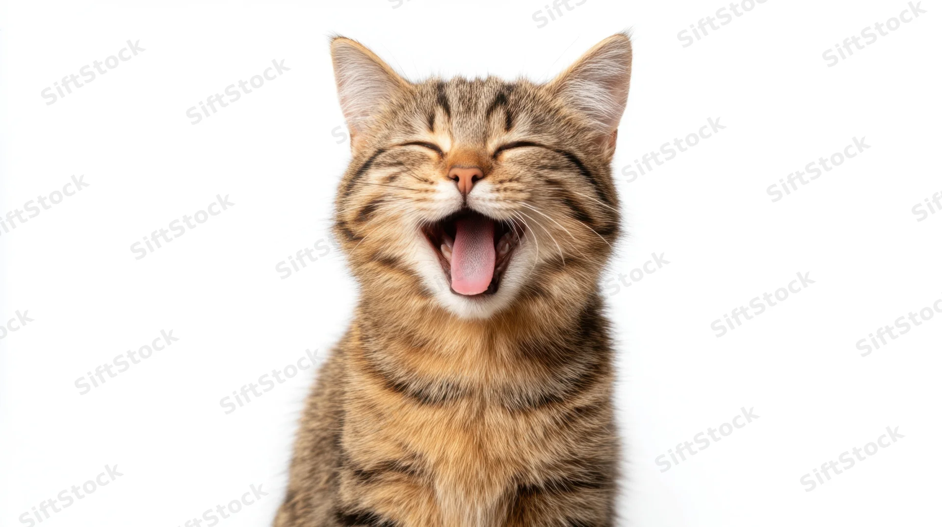 Tabby cat yawning with eyes closed against white background