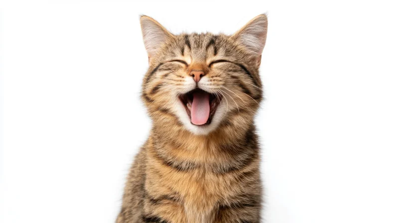 Tabby cat yawning with eyes closed against white background
