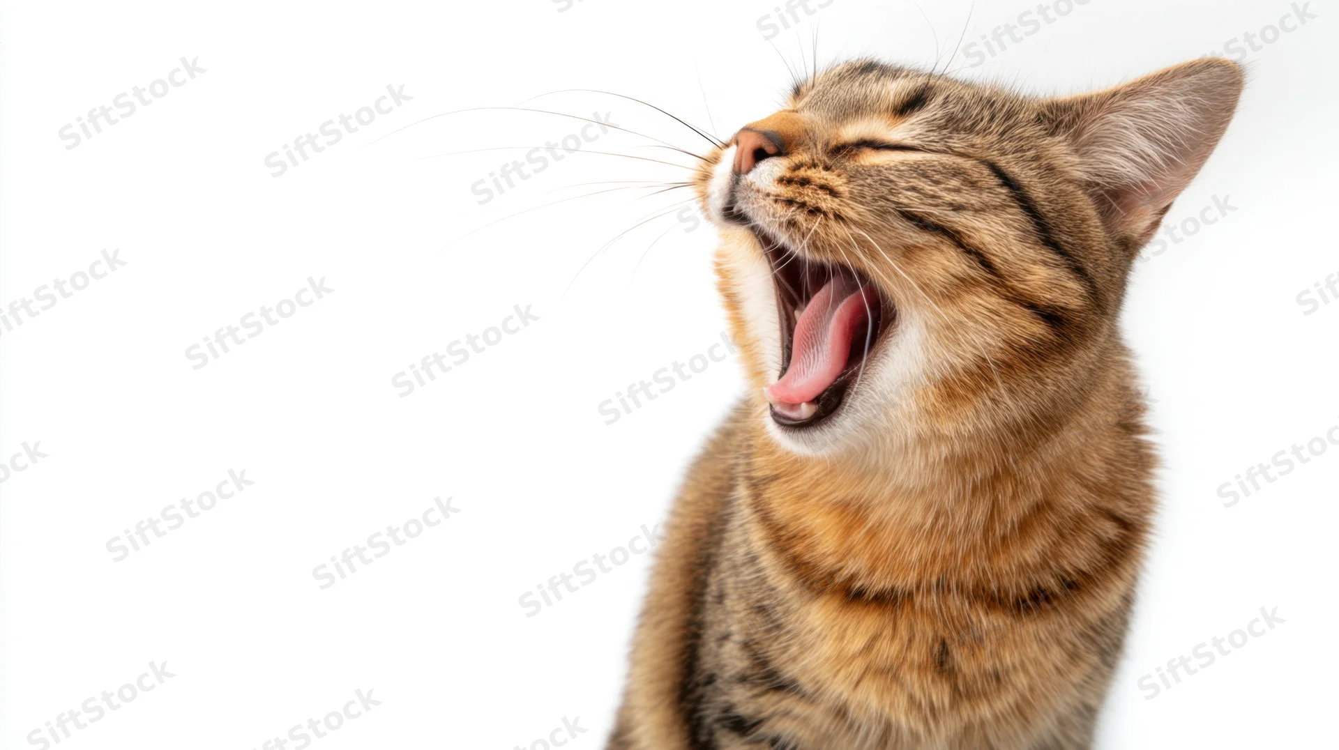 Tabby cat yawning with mouth open against white background