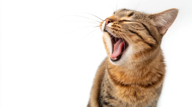 Tabby cat yawning with mouth open against white background