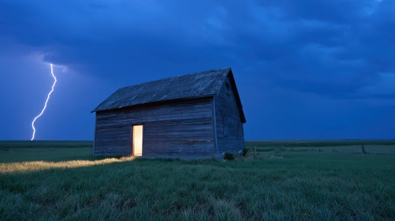 Weathered wooden barn with illuminated door in a grassy field during a stormy night