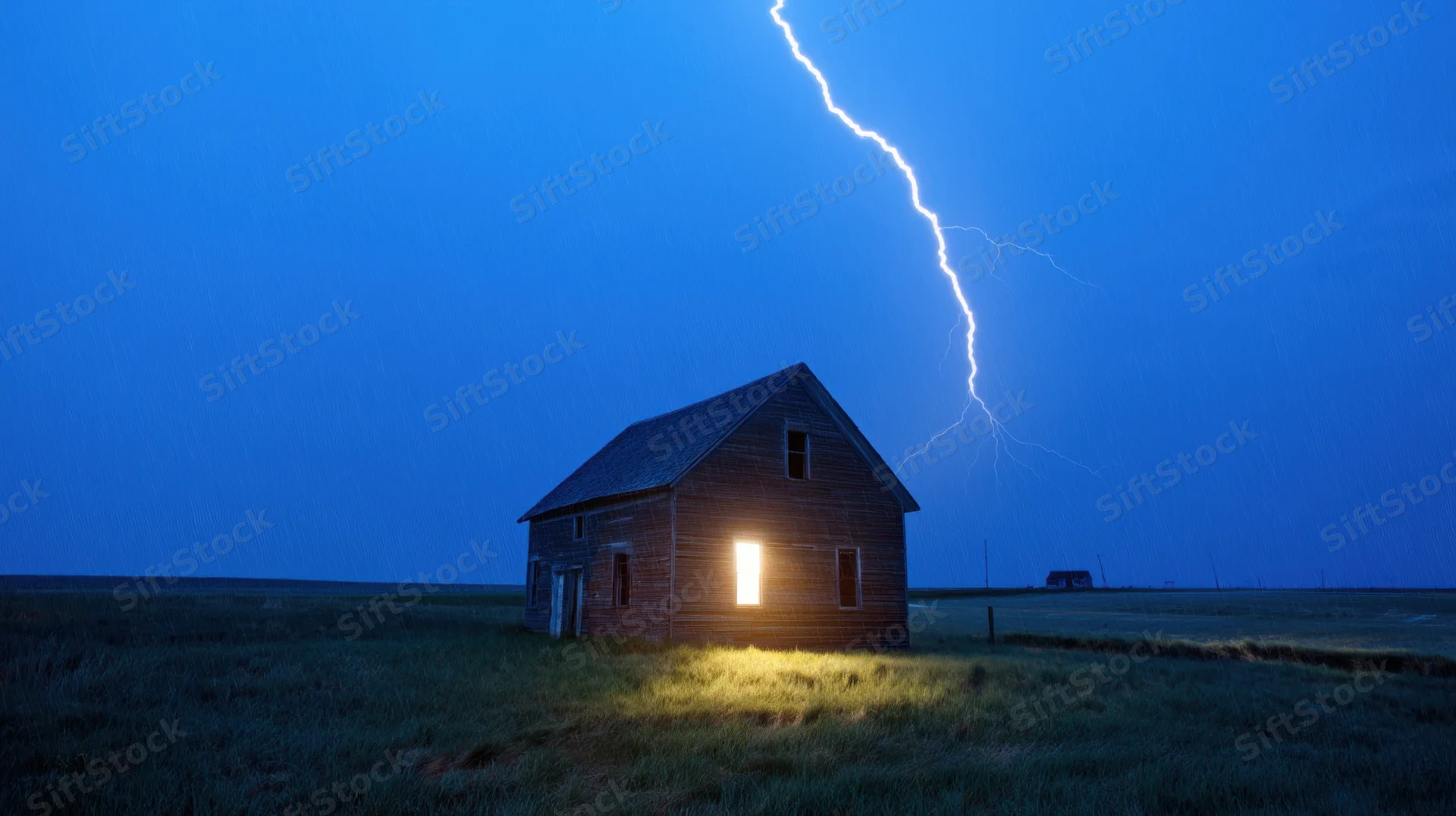 Weathered wooden house with illuminated window during lightning strike in rural field at night