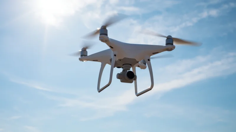 White quadcopter drone flying in the sky with camera and spinning propellers