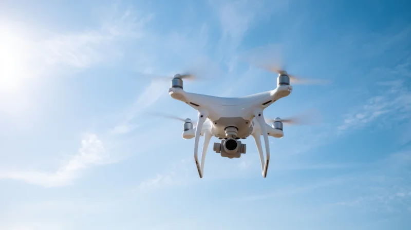 White quadcopter drone flying with camera against blue sky