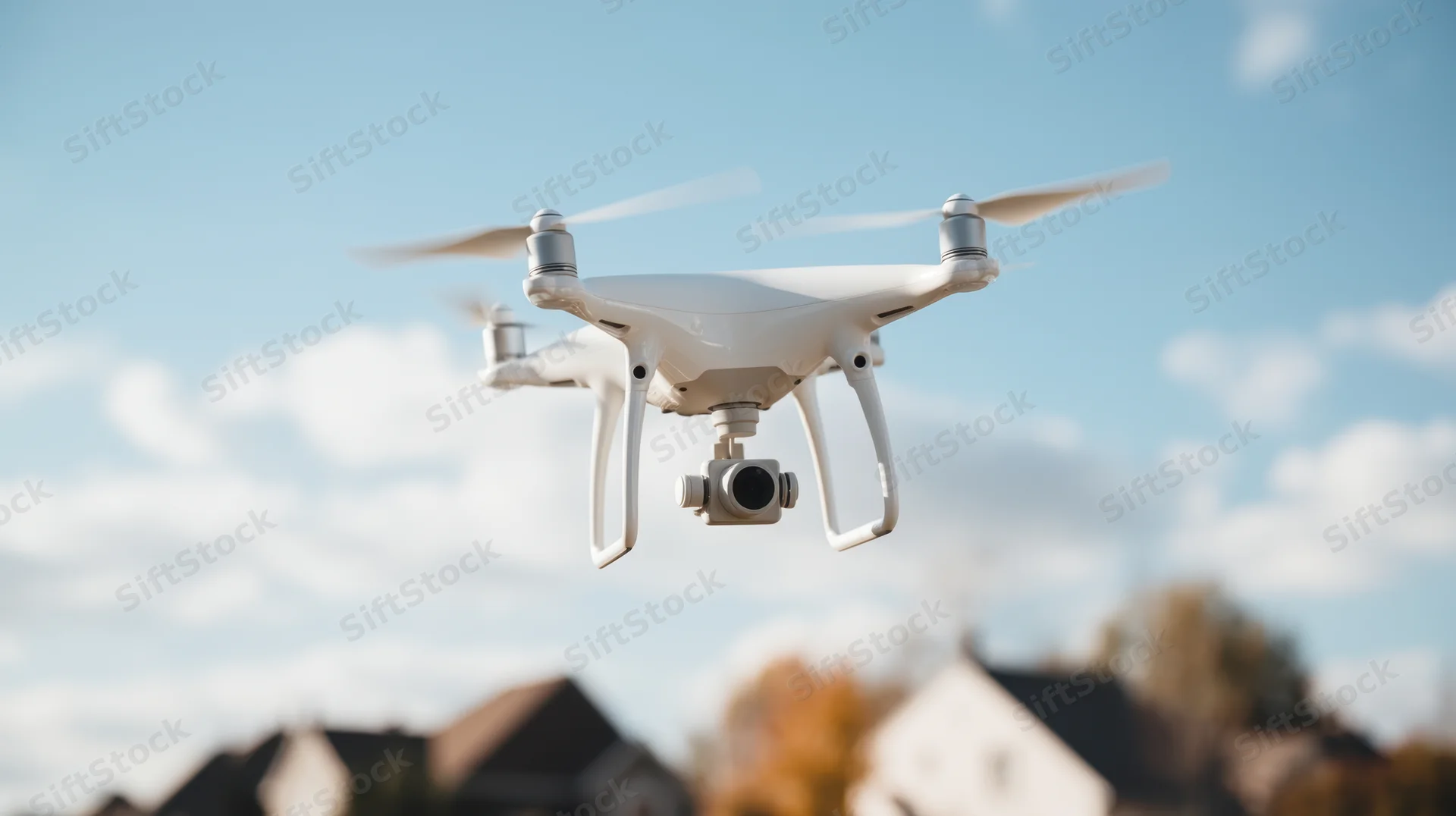 White quadcopter drone flying with camera over suburban houses under blue sky