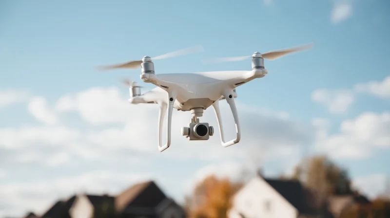 White quadcopter drone flying with camera over suburban houses under blue sky
