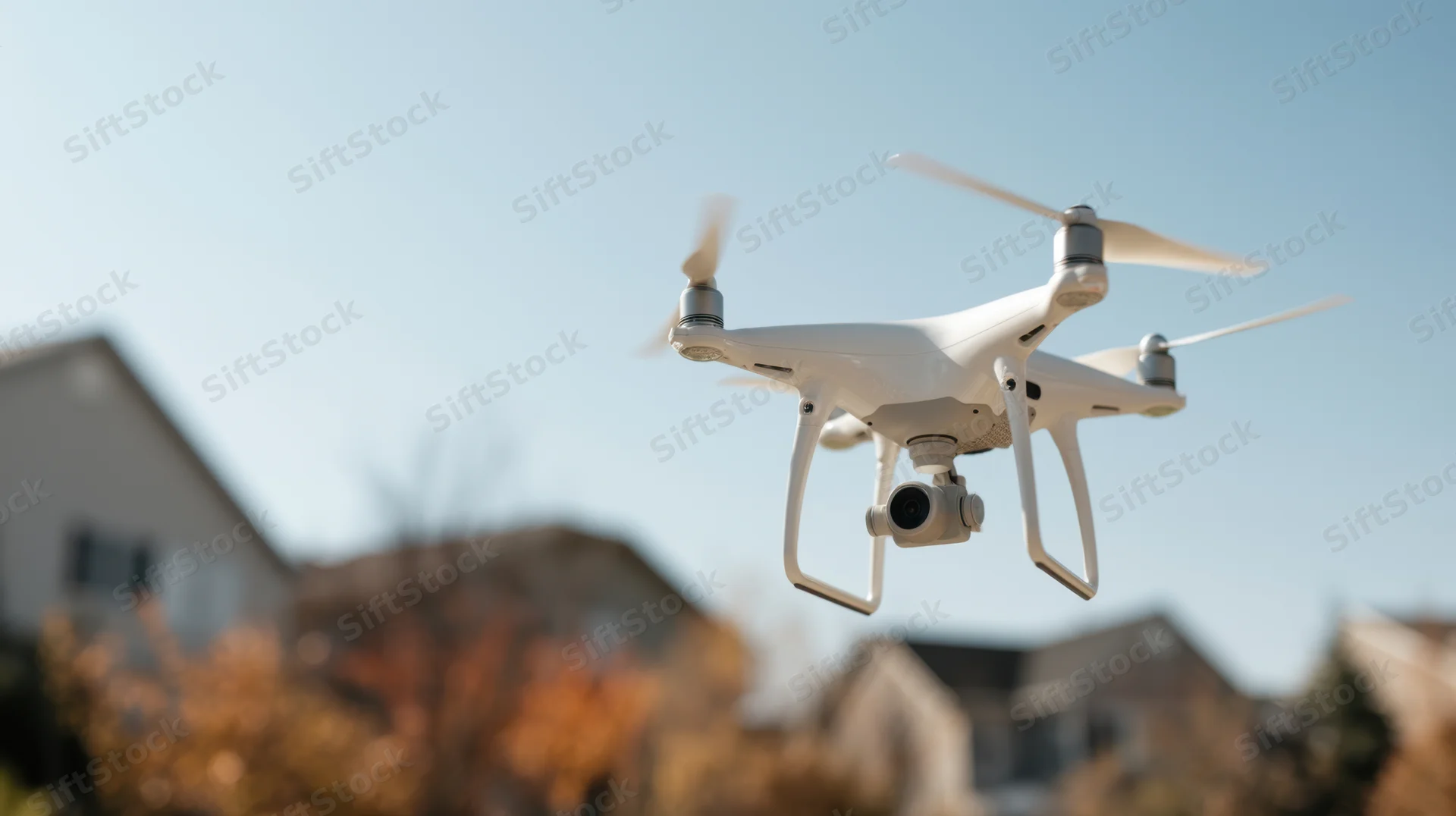 White quadcopter drone hovering in sky above residential neighborhood with autumn trees