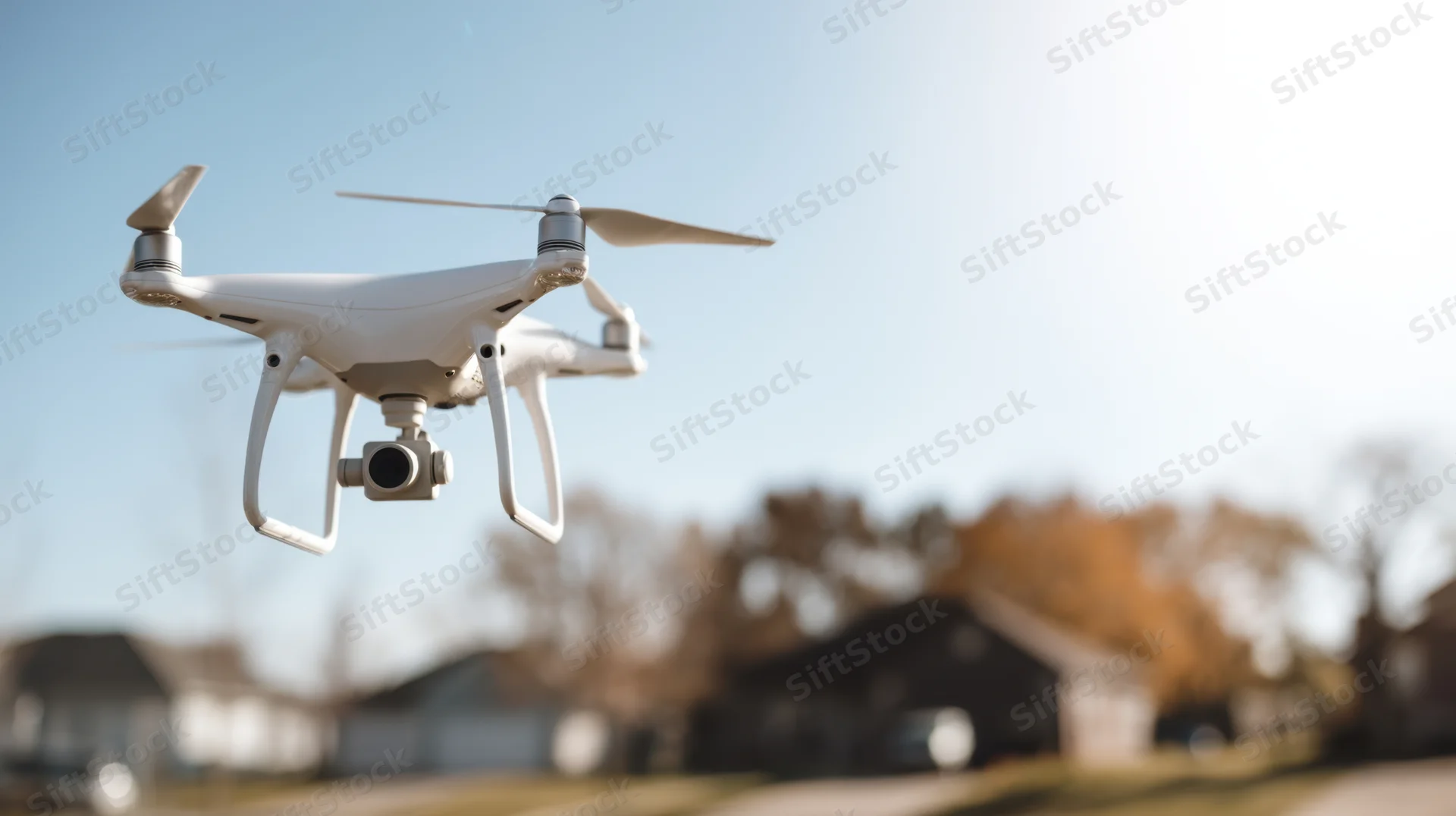 White quadcopter drone hovering in sky above suburban neighborhood