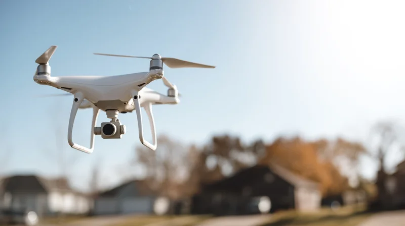 White quadcopter drone hovering in sky above suburban neighborhood