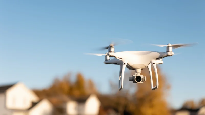 White quadcopter drone hovering in clear blue sky above residential area with autumn trees