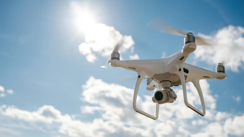 White quadcopter drone flying in the sky with camera and spinning propellers