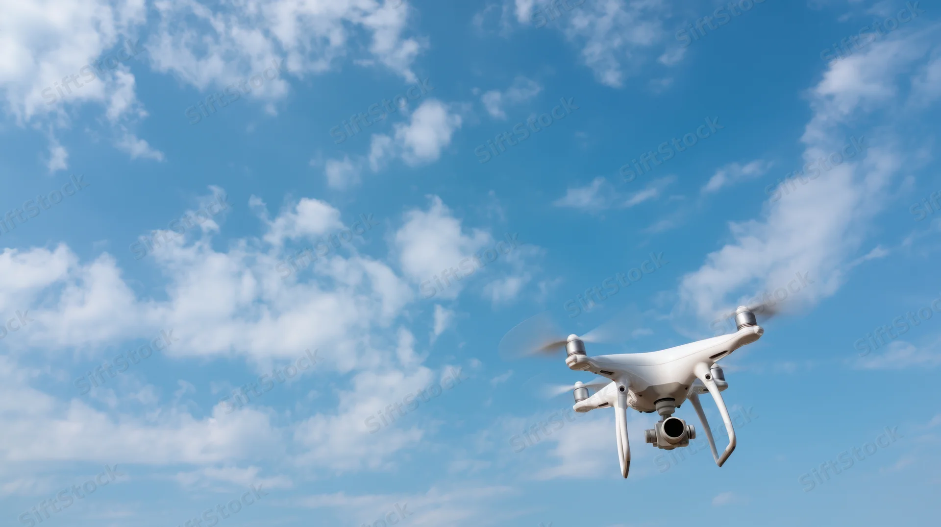White quadcopter drone flying in a blue sky with scattered clouds
