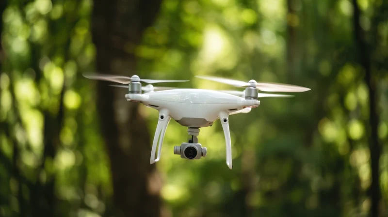White quadcopter drone flying in forest with camera attached