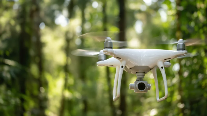 White quadcopter drone hovering in forest with camera and spinning propellers