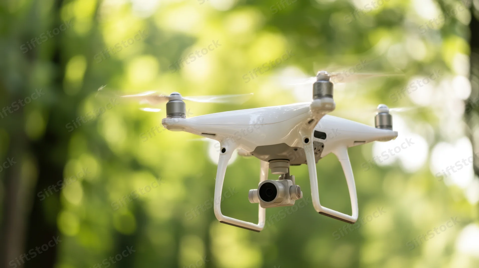 White quadcopter drone flying with camera in forest setting
