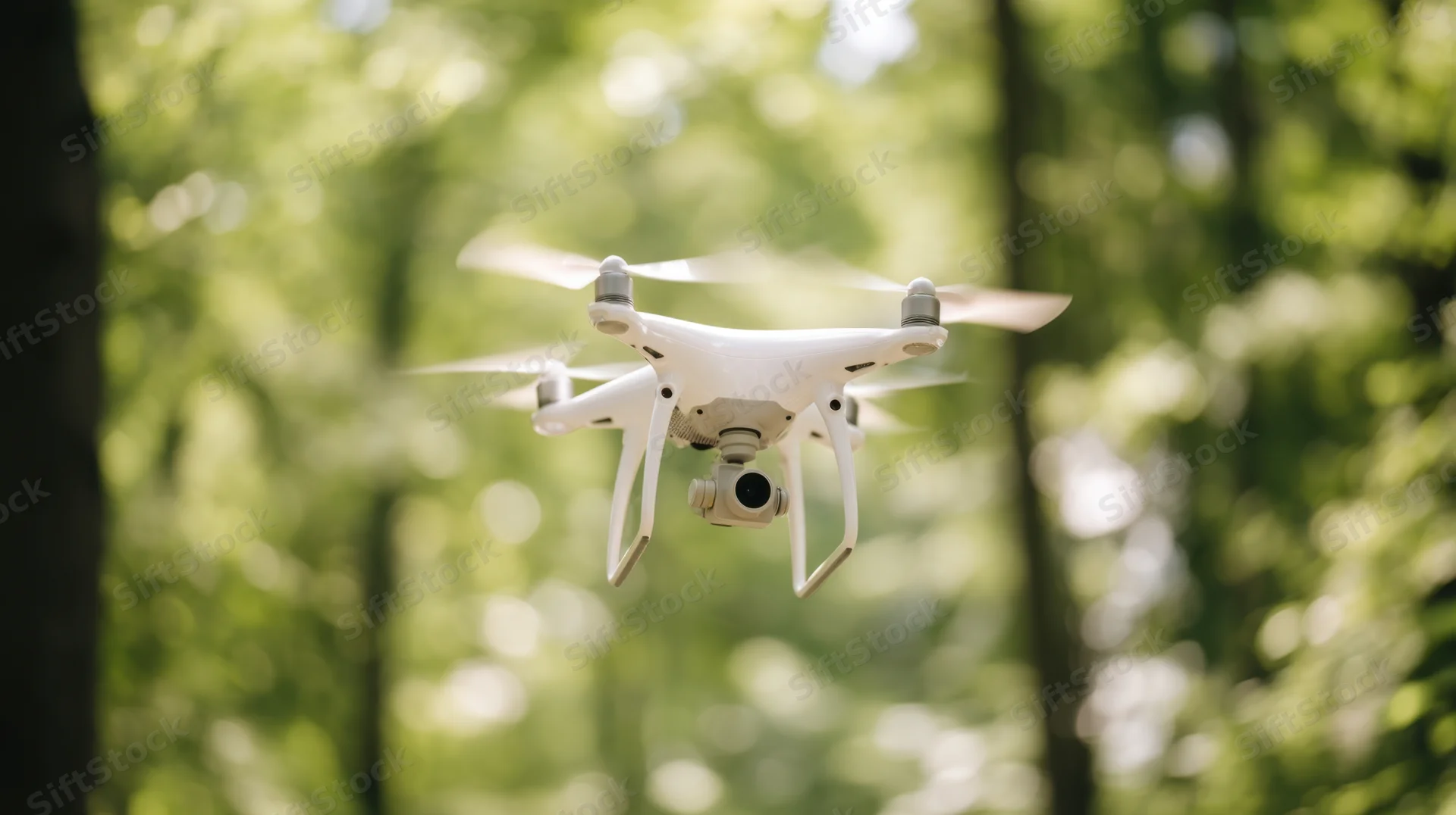 White quadcopter drone flying in a sunlit forest with blurred green foliage background