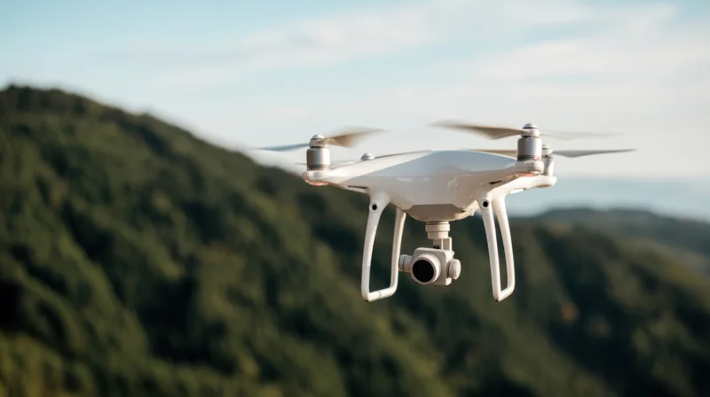 White quadcopter drone hovering in sky above forested mountains