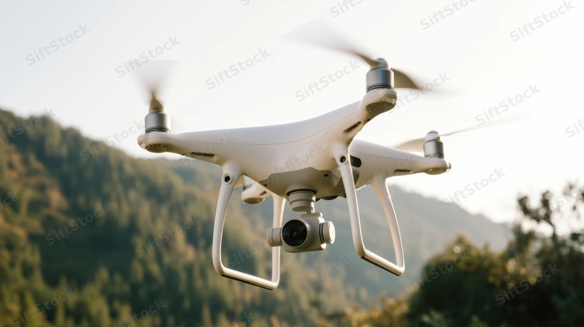 White quadcopter drone hovering in mid-air over forested mountains with camera attached
