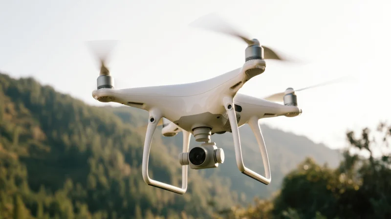 White quadcopter drone hovering in mid-air over forested mountains with camera attached