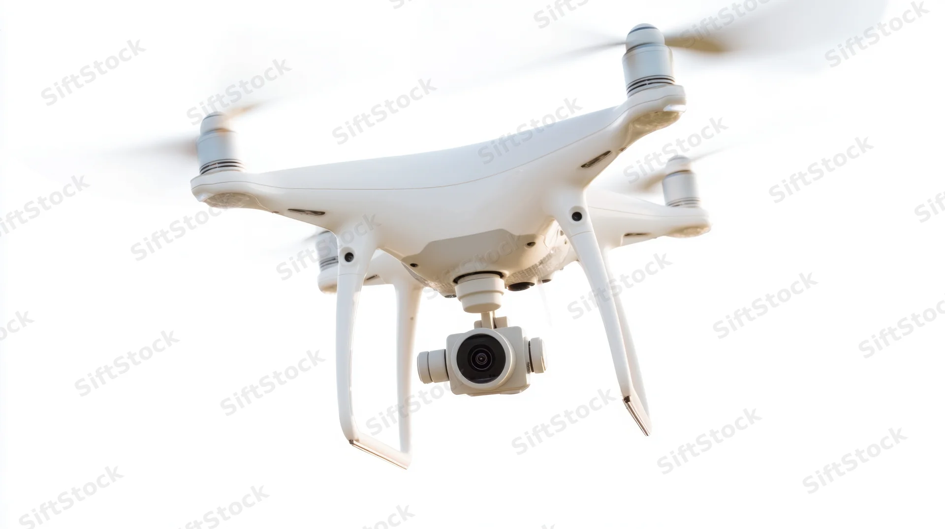 White quadcopter drone flying with camera gimbal against bright sky