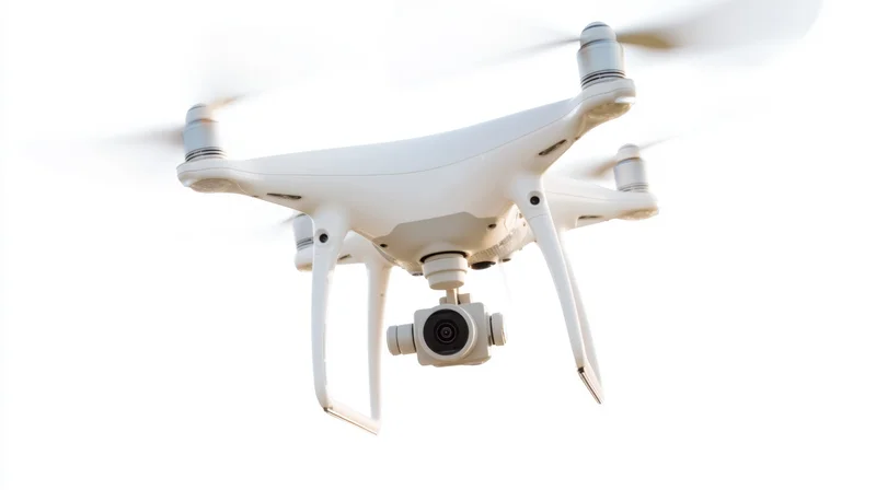 White quadcopter drone flying with camera gimbal against bright sky