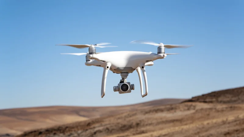 White quadcopter drone hovering over desert landscape under clear blue sky