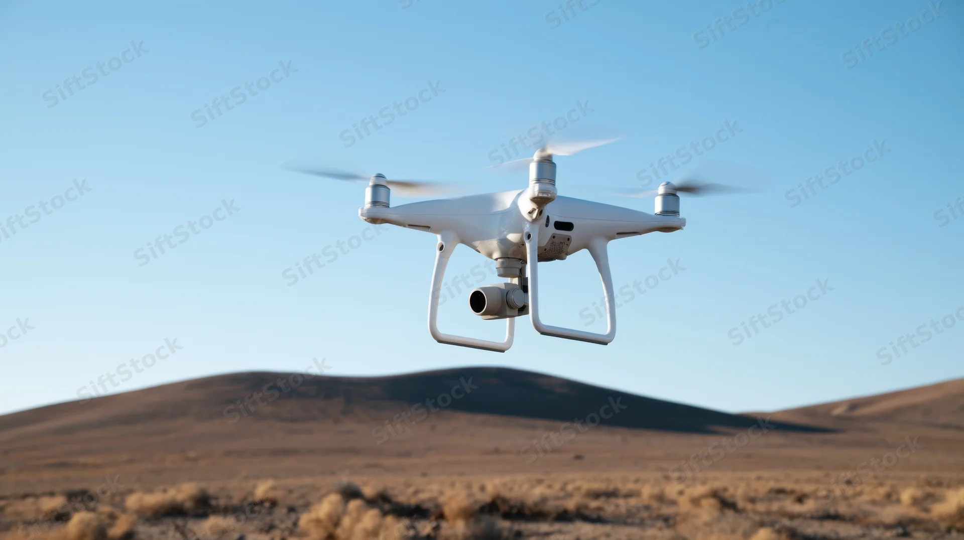 White quadcopter drone flying over desert landscape under clear blue sky