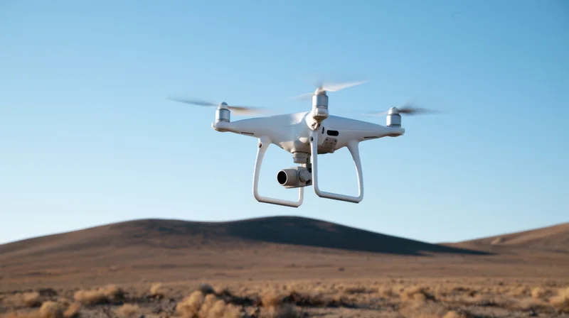 White quadcopter drone flying over desert landscape under clear blue sky