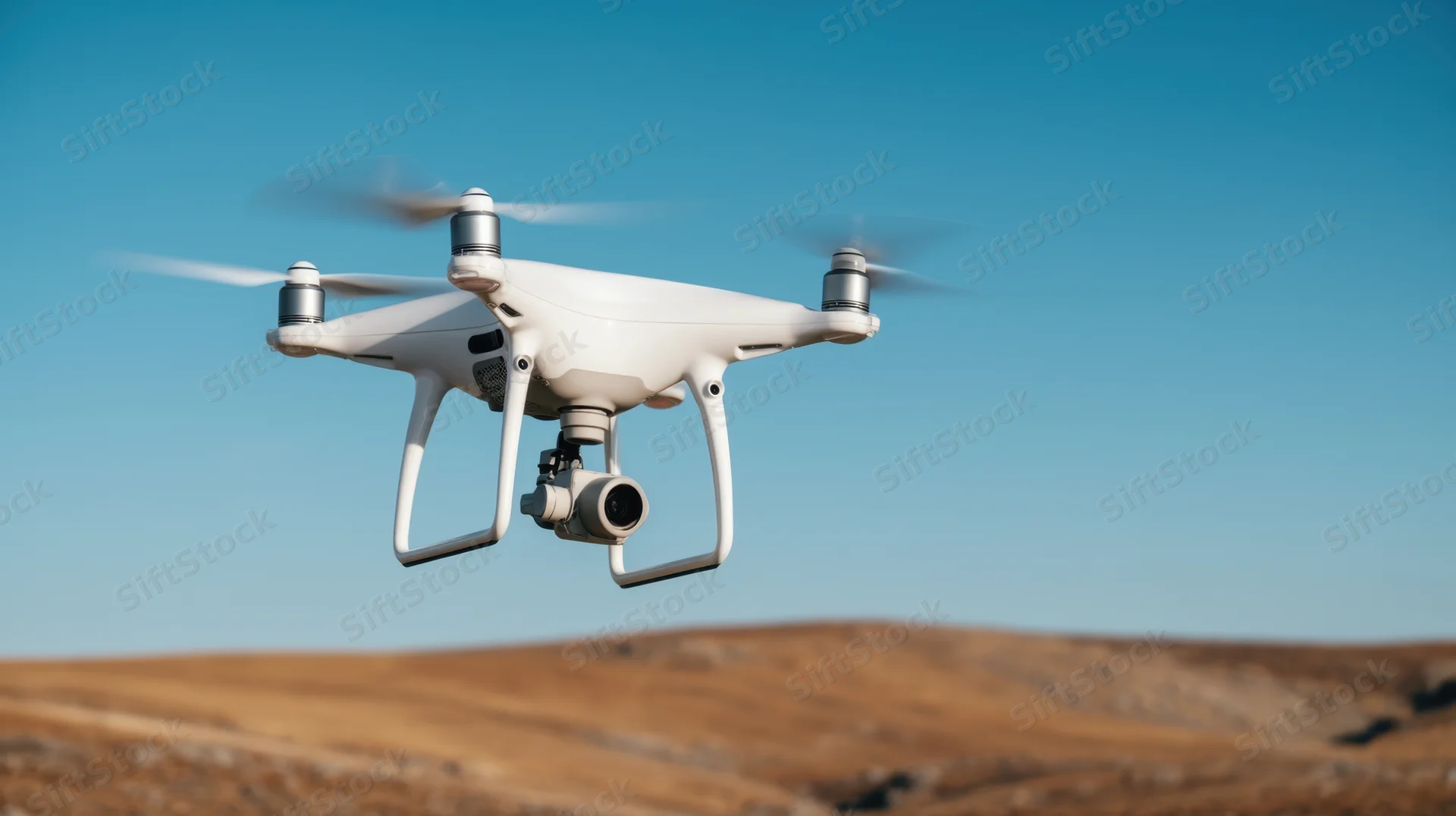 White quadcopter drone flying over desert landscape with camera attached