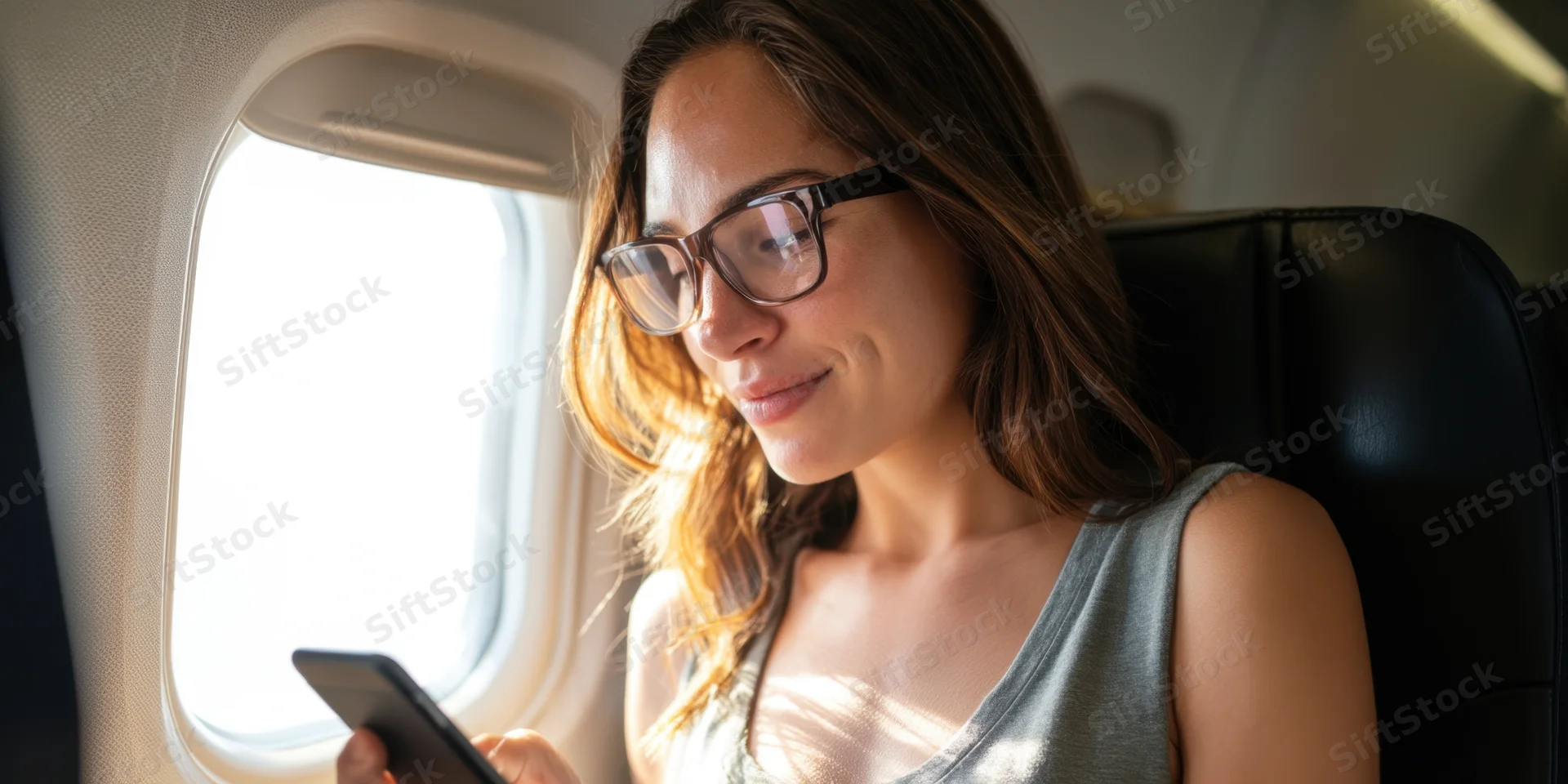 Woman with glasses smiling while using smartphone on airplane seat near window