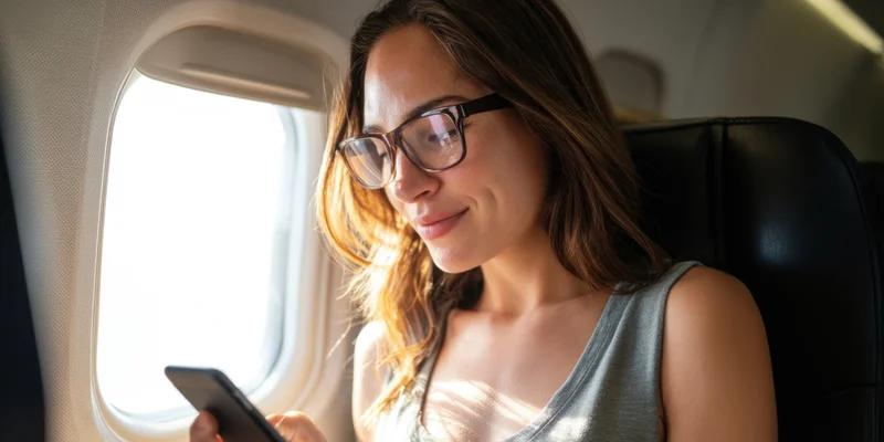 Woman with glasses smiling while using smartphone on airplane seat near window