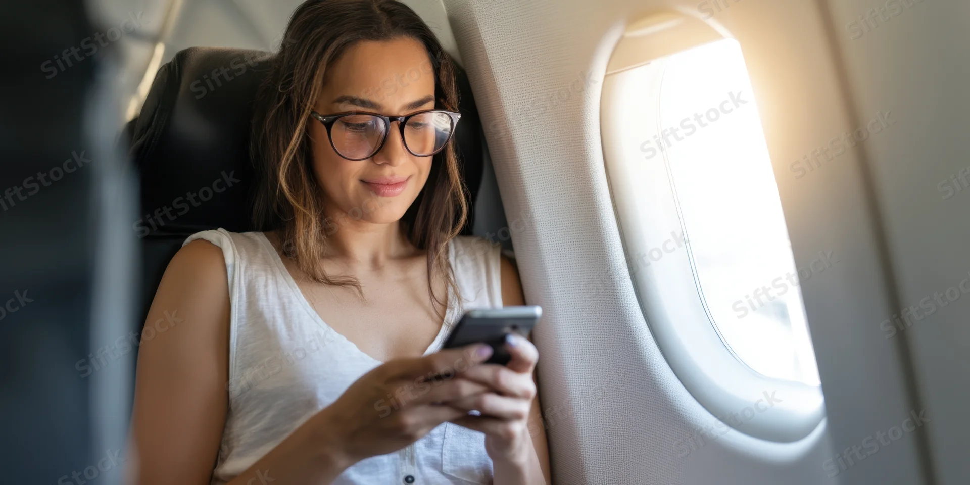 Woman using smartphone while seated by airplane window during flight