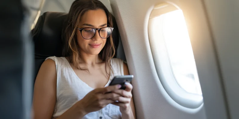 Woman using smartphone while seated by airplane window during flight