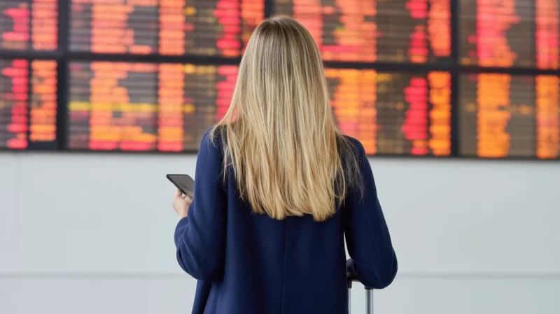 Woman in blue coat holding smartphone and luggage trolley facing digital flight departure board in airport terminal