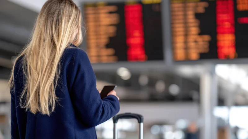Woman in navy coat holding smartphone and standing with rolling suitcase in front of airport departure board
