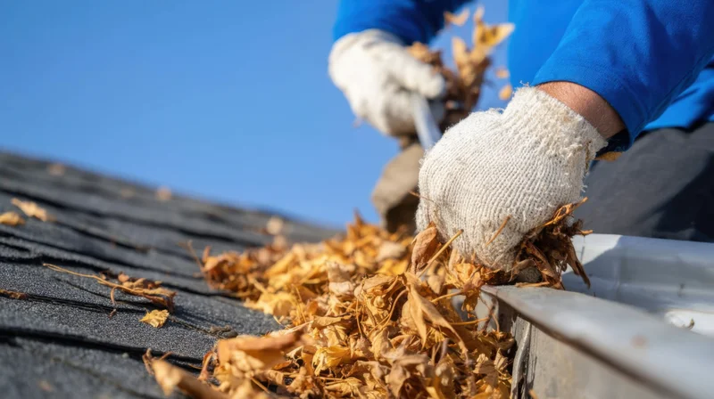 Worker cleaning gutters of fallen leaves on a roof during daytime