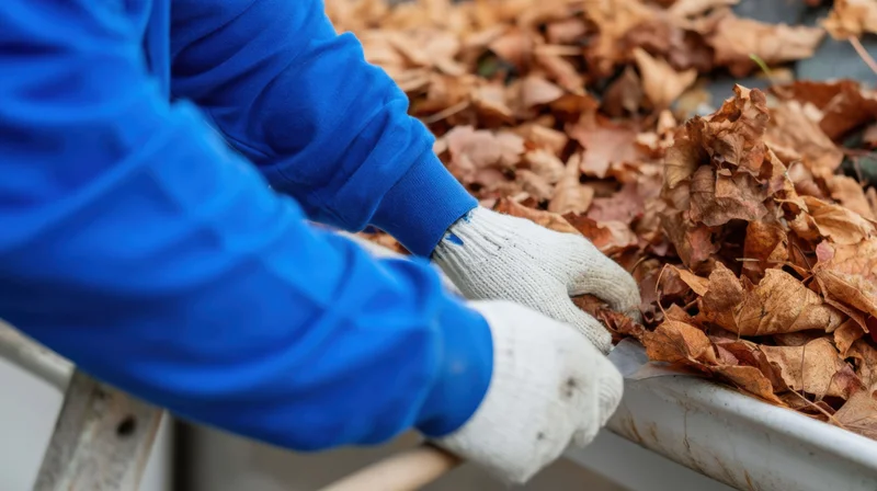 Worker in blue jacket and white gloves raking dry autumn leaves into a metal tray outdoors