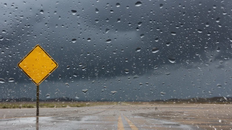 Yellow diamond road sign viewed through rain-covered windshield on wet highway