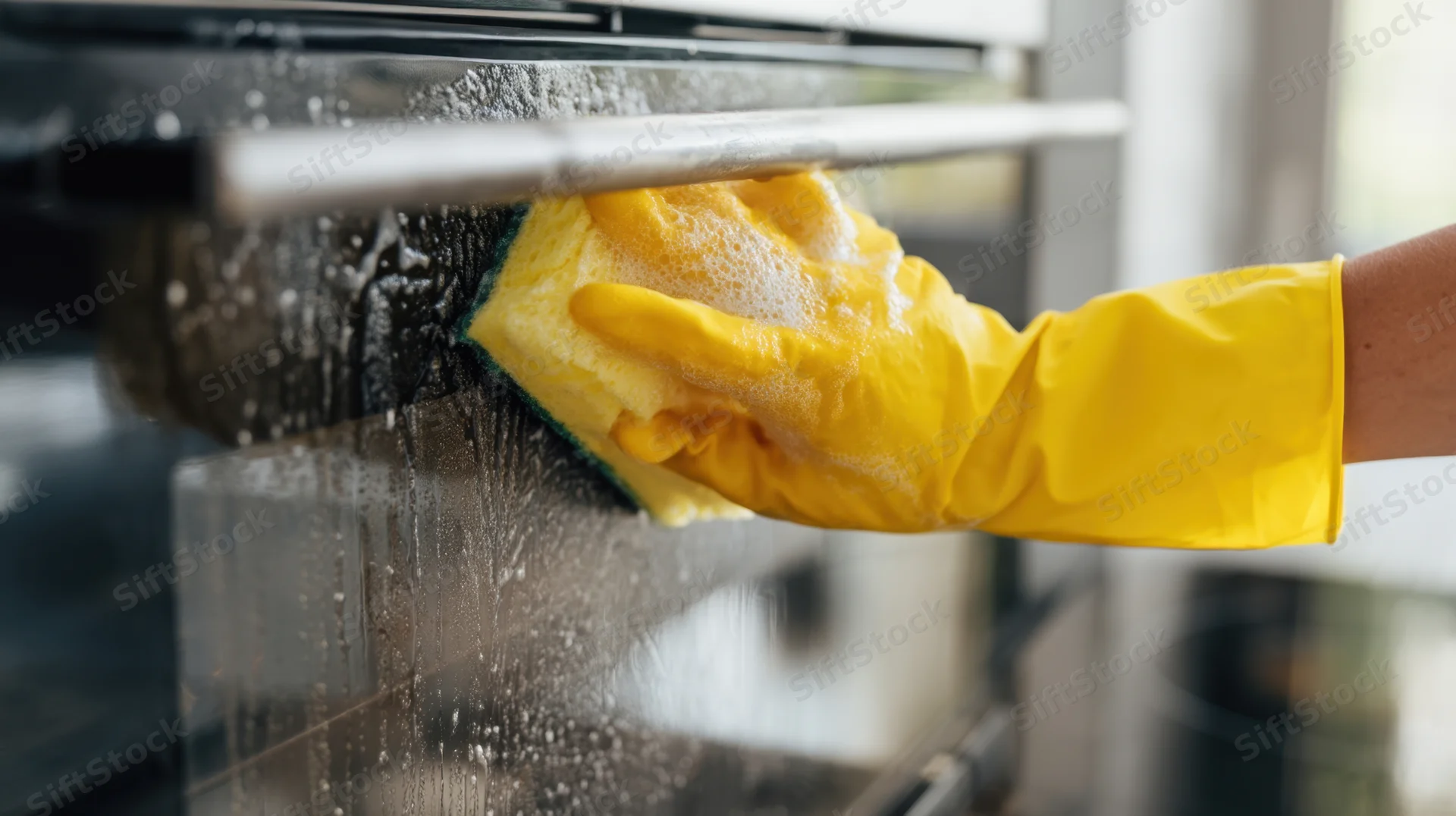 Hand in yellow rubber glove scrubbing stainless steel oven with soapy sponge