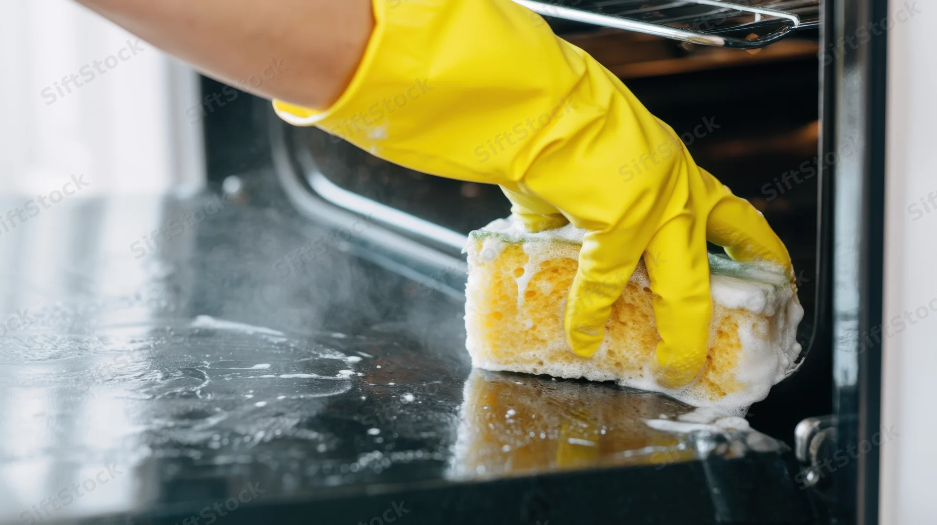 Hand in yellow rubber glove scrubbing oven surface with soapy sponge
