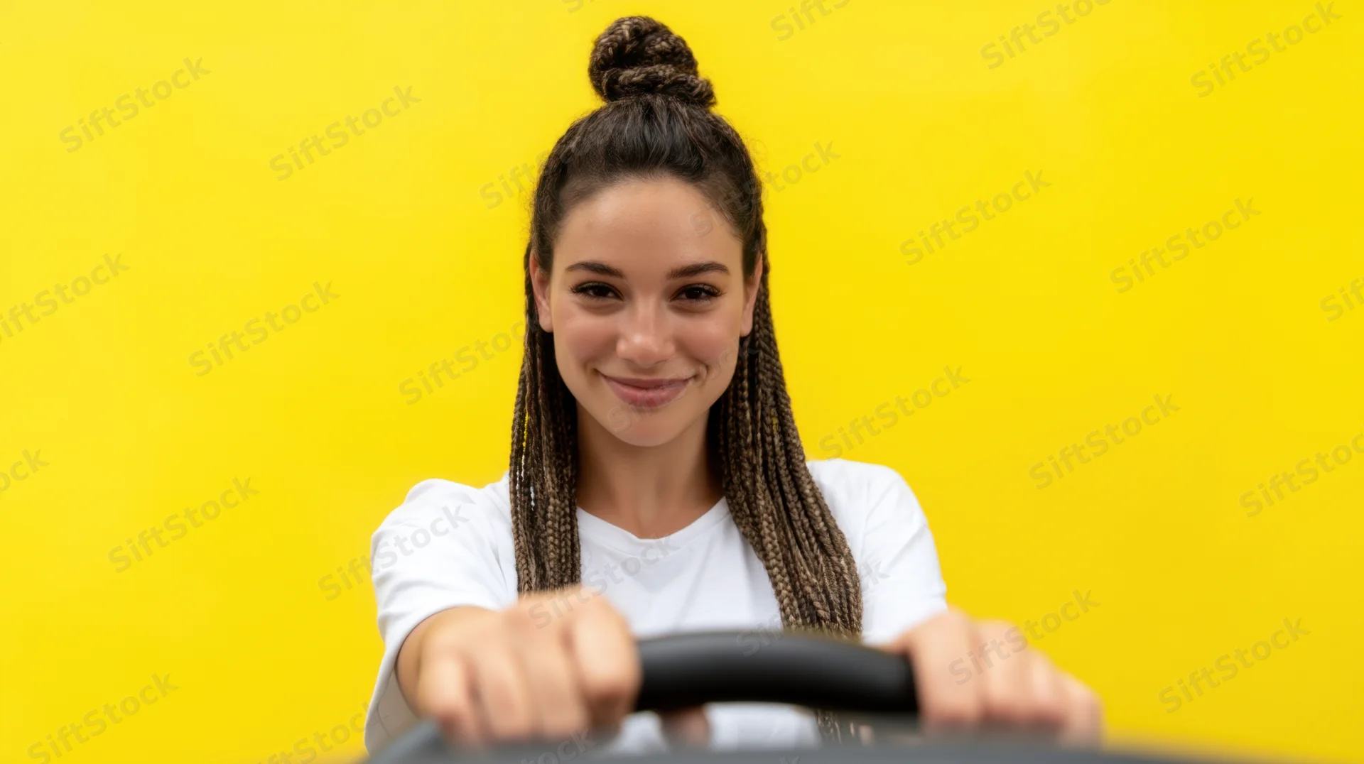 Young woman smiling with hands on steering wheel against yellow background