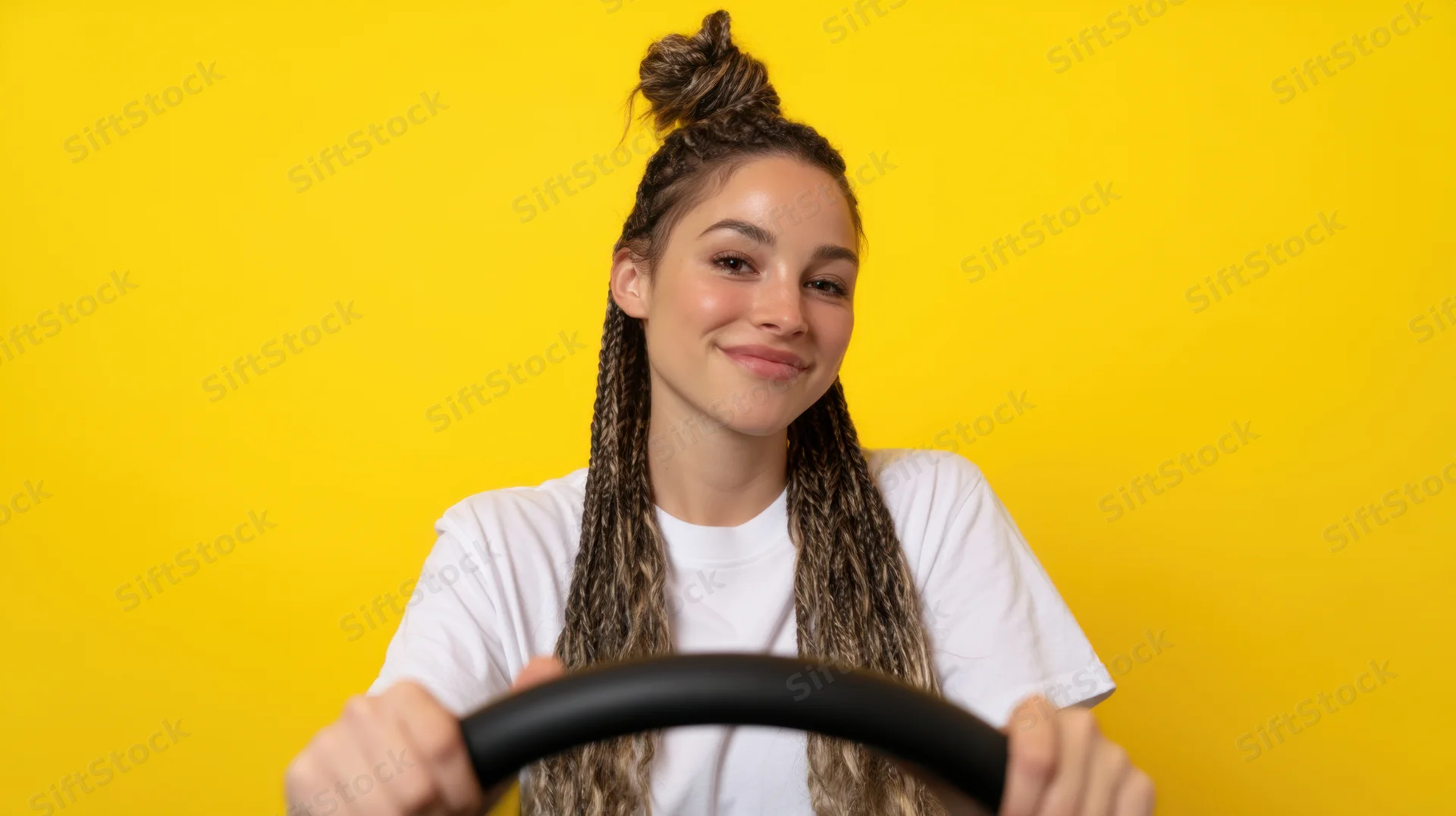 Young woman smiling while holding steering wheel against yellow background