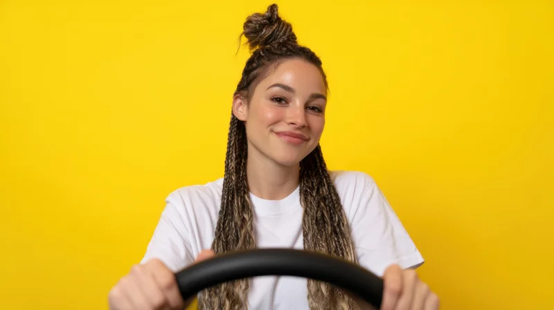 Young woman smiling while holding steering wheel against yellow background