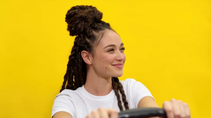 Young woman smiling while holding exercise bar against yellow background