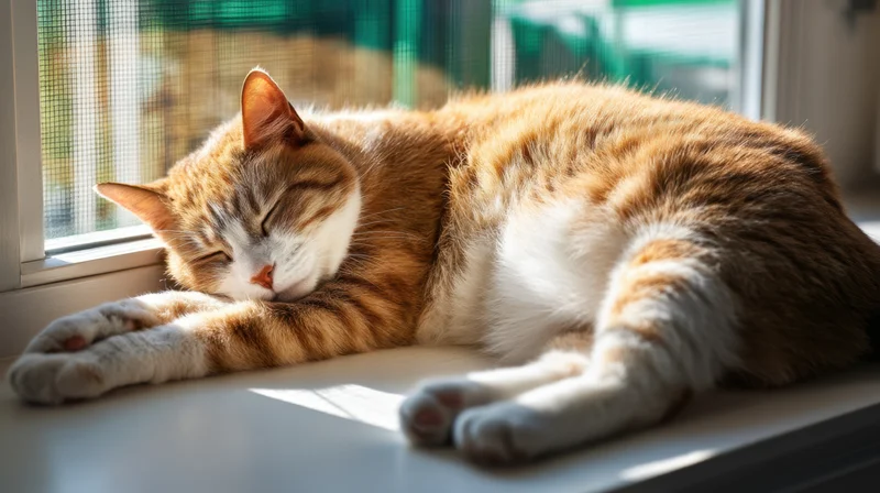 Orange and white cat sleeping on a windowsill in sunlight