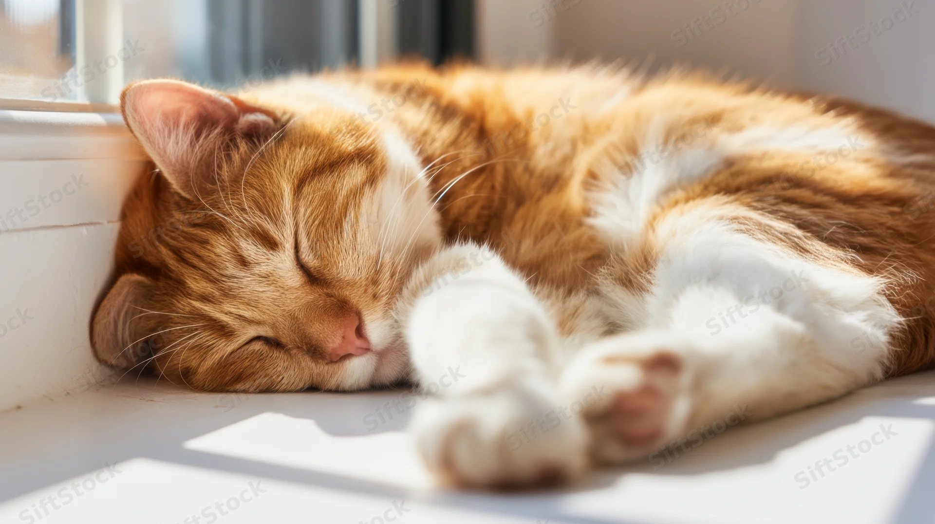 Orange and white cat sleeping on a windowsill in sunlight